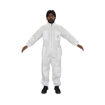 Person wearing a white coverall on a white background