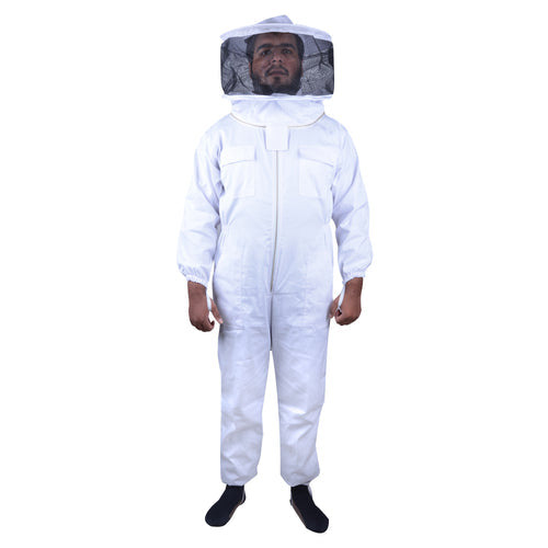 Person wearing a white beekeeping suit with a hood on a white background