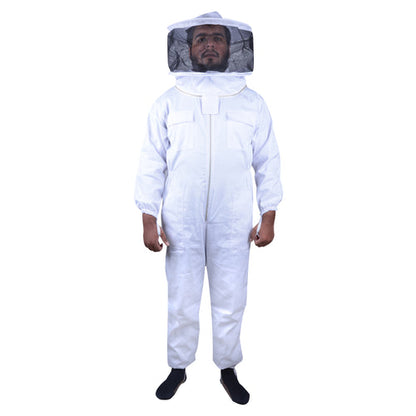 Person wearing a white beekeeping suit with a hood on a white background