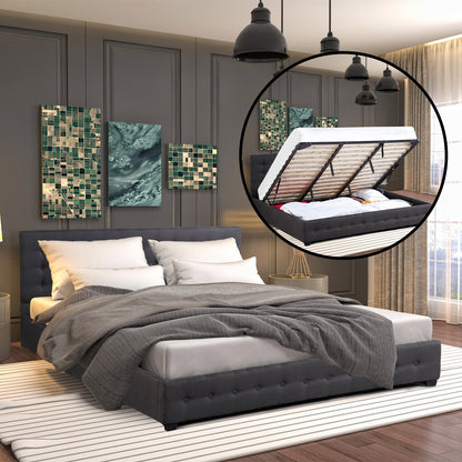 Modern bedroom with a bed and upholstered headboard, featuring a close-up of the bed's storage compartment.