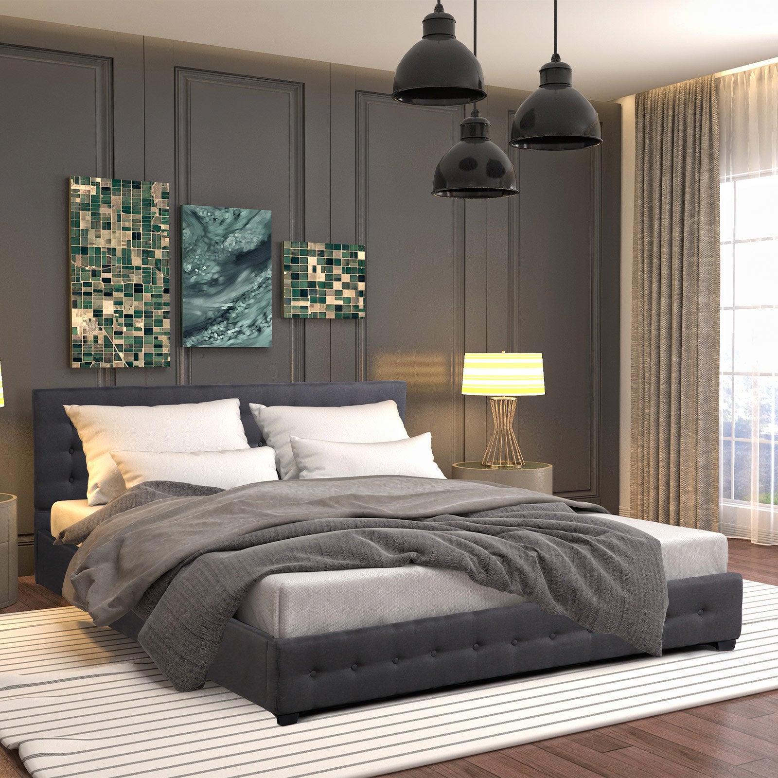 Modern bedroom with a bed, artwork on the wall, and pendant lights.