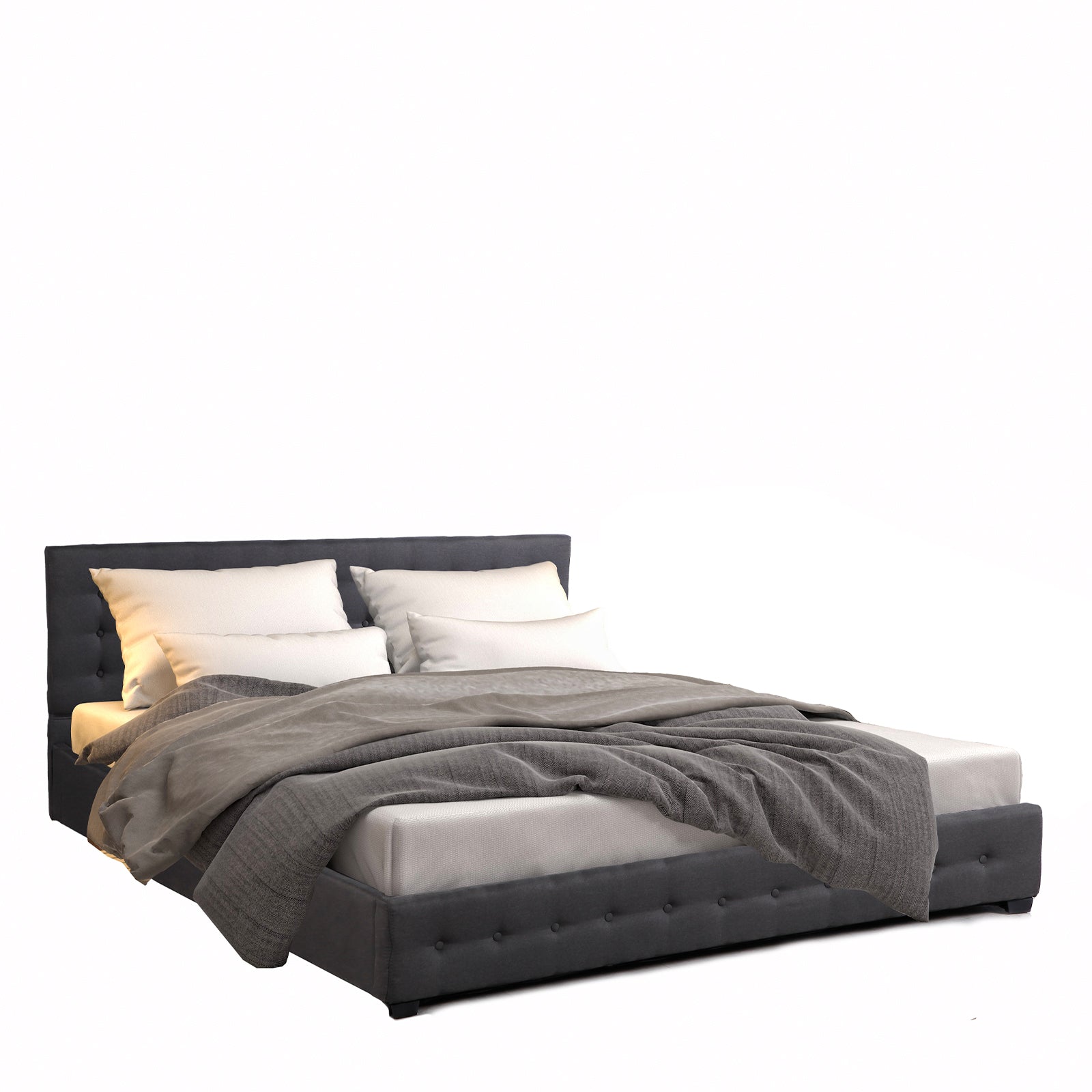 Bed with gray bedding and pillows on a white background