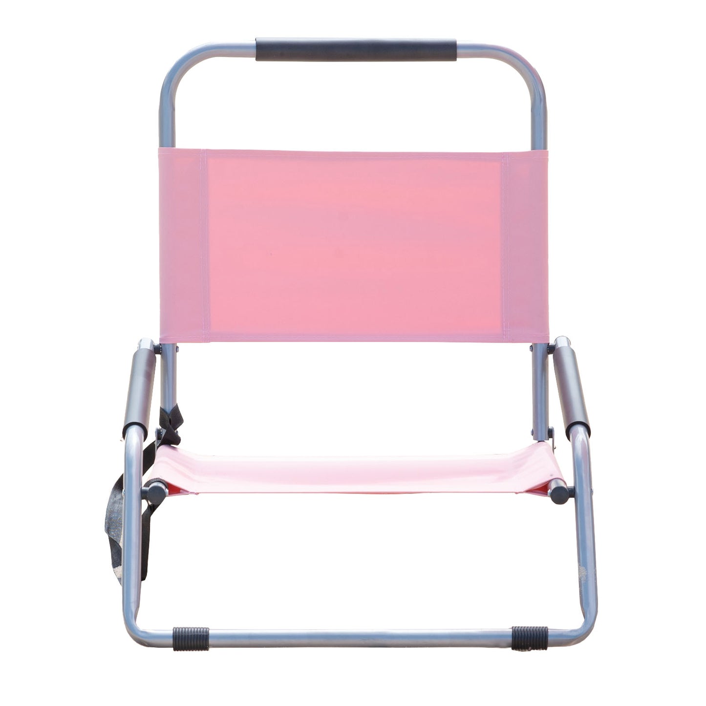 Pink folding chair with metal frame on a white background