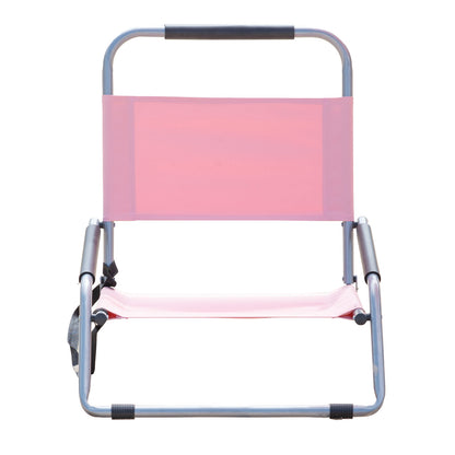Pink folding chair with metal frame on a white background