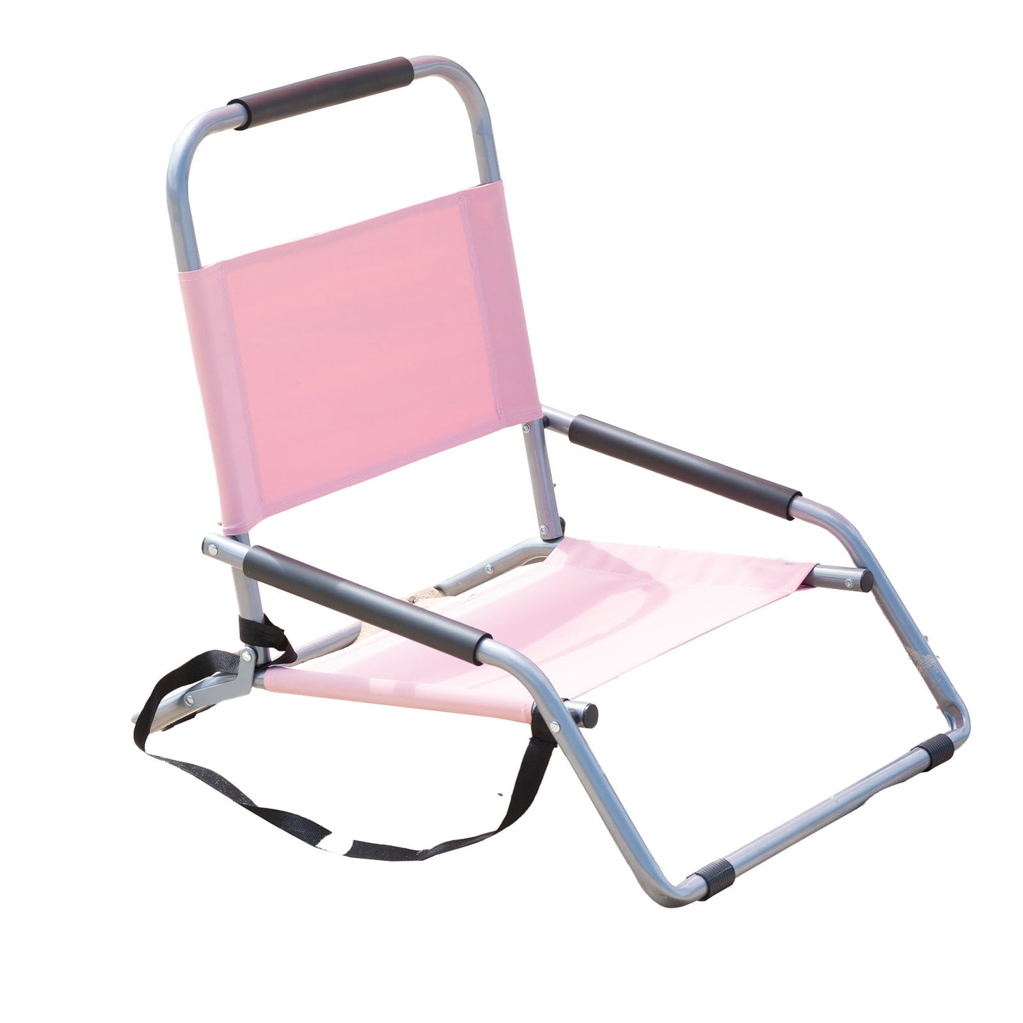 Pink folding chair with a white background