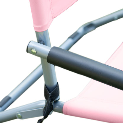 Close-up of a pink chair with metal frame and black strap on a white background