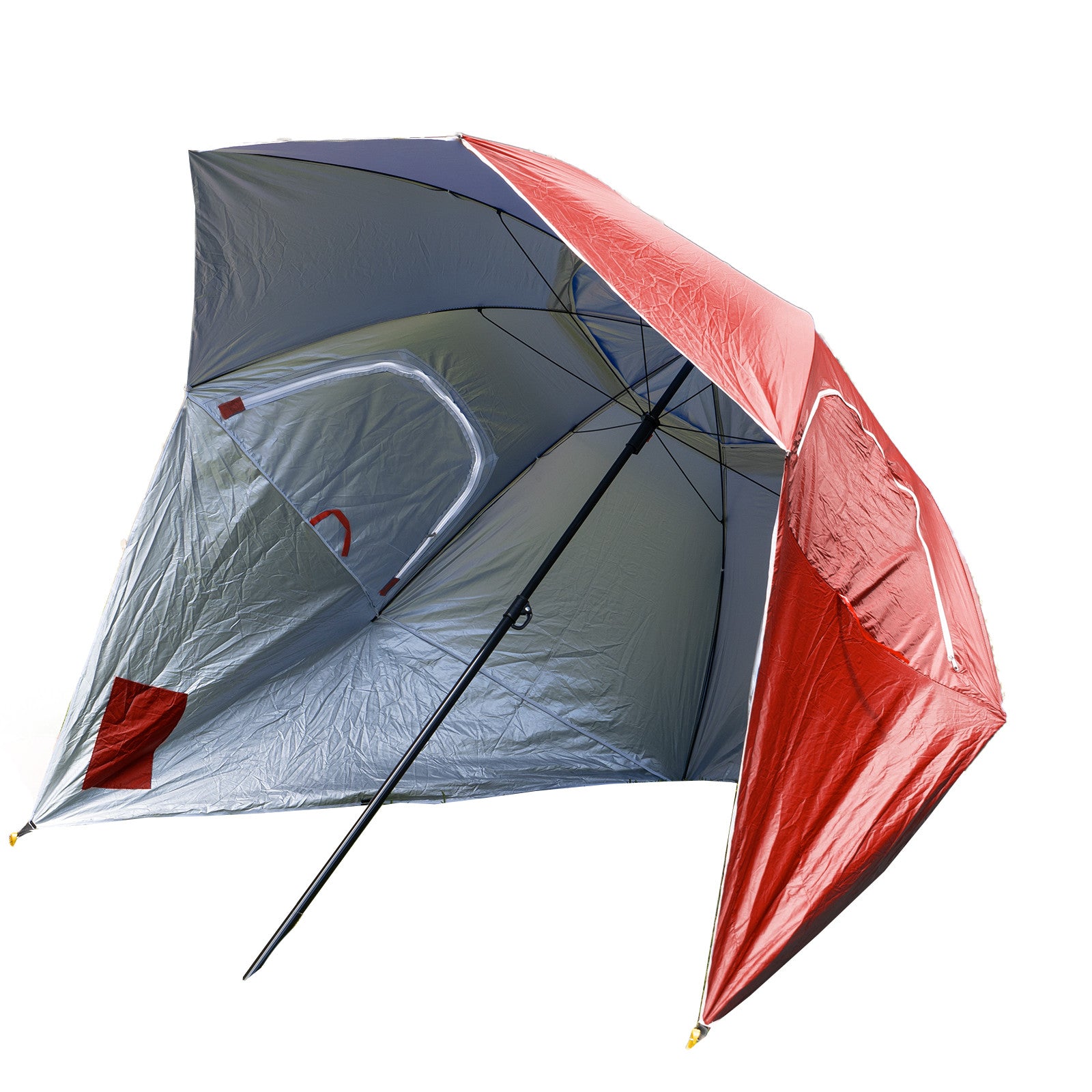 A red and gray Havana Outdoors beach umbrella set up on a white background, showing its large pitched surface area and ribbed structure.