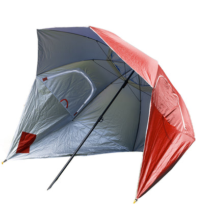 A red and gray Havana Outdoors beach umbrella set up on a white background, showing its large pitched surface area and ribbed structure.