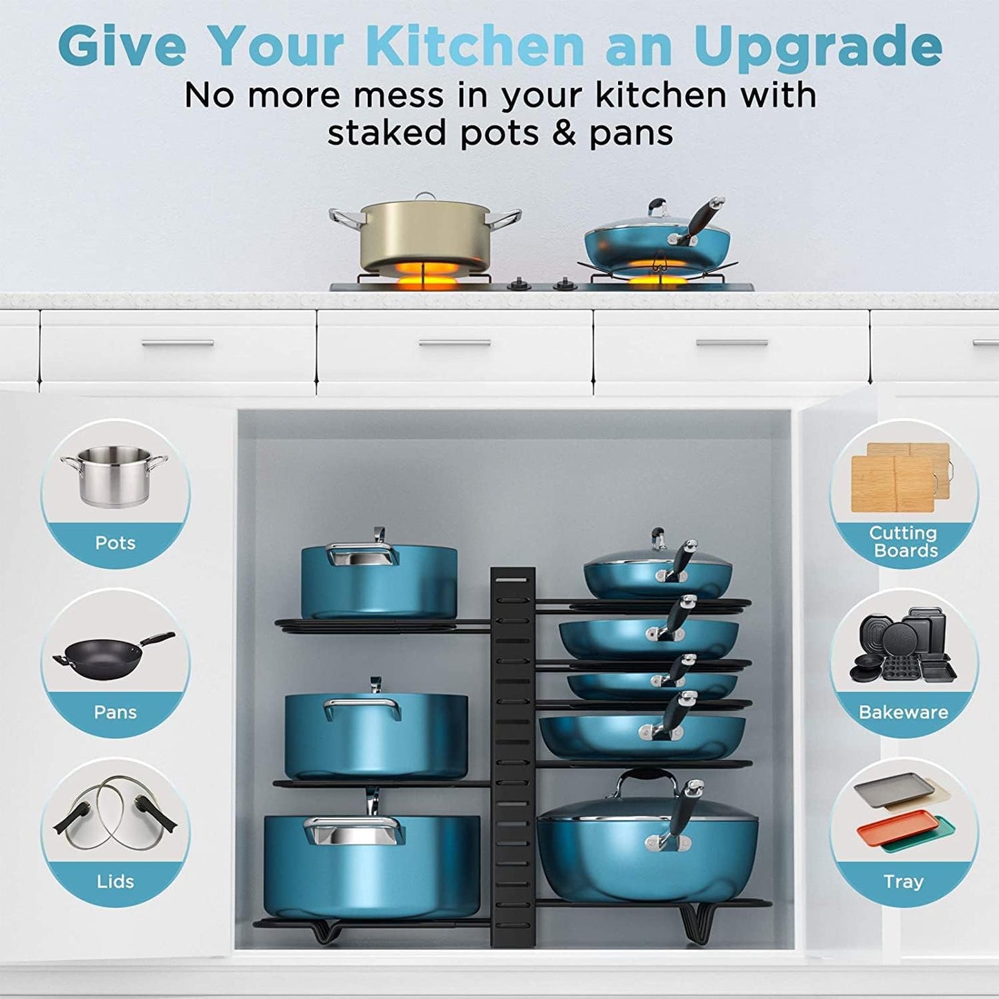 CARLA HOME Adjustable 8-Tier Pan Rack Pot Organizer for Kitchen Cabinet