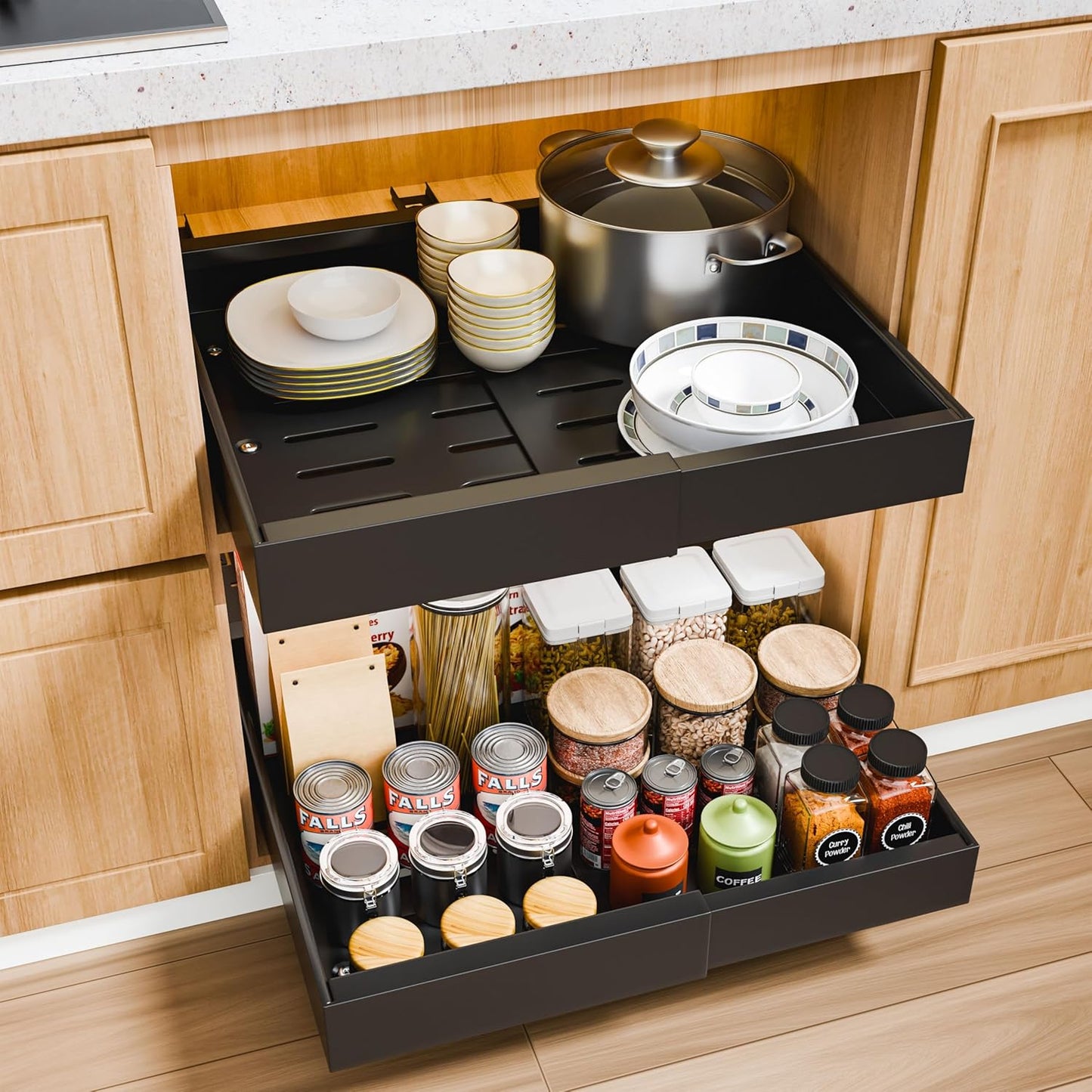 Kitchen cabinet with an open drawer containing plates, pots, and a spice rack.