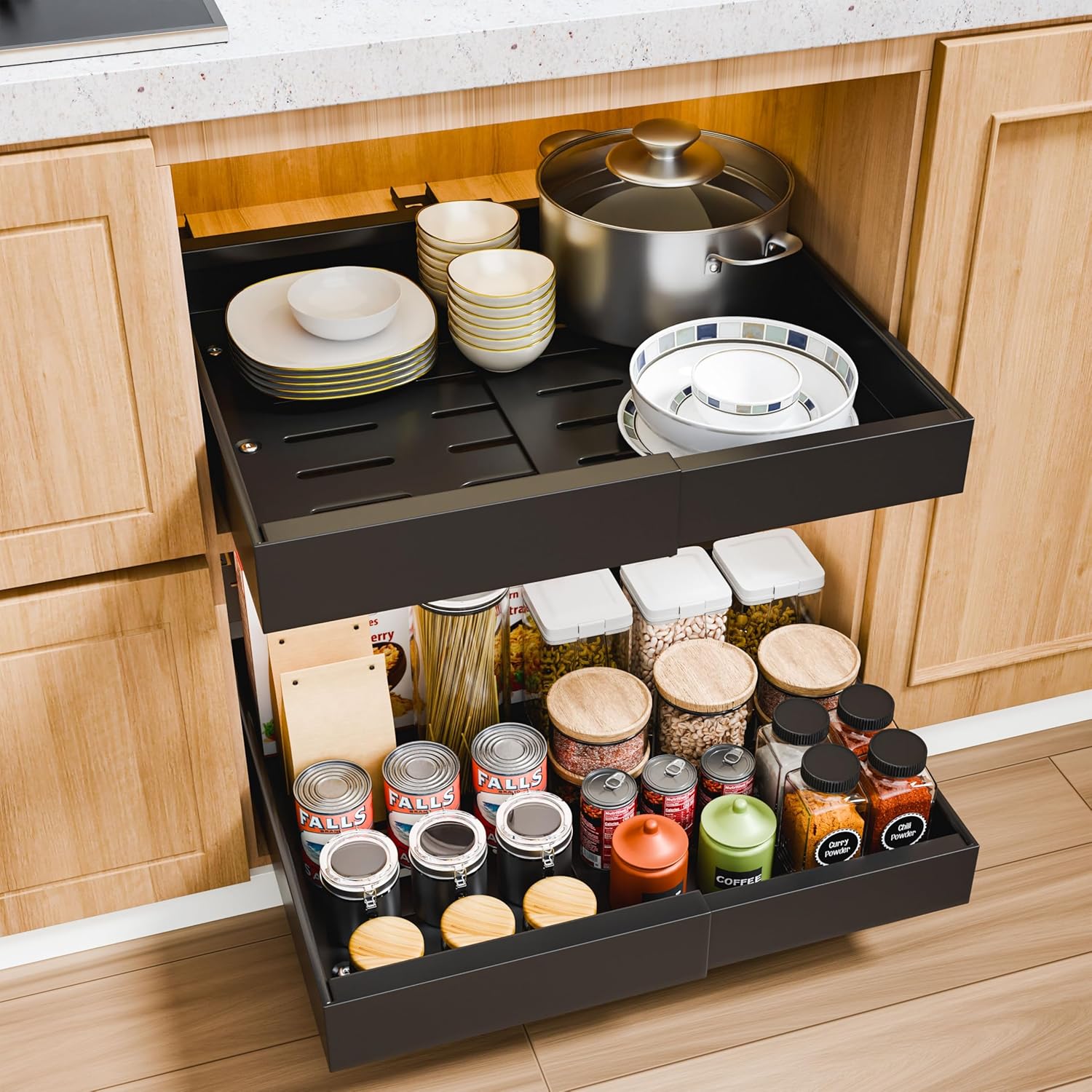 Kitchen cabinet with an open drawer containing plates, pots, and a spice rack.