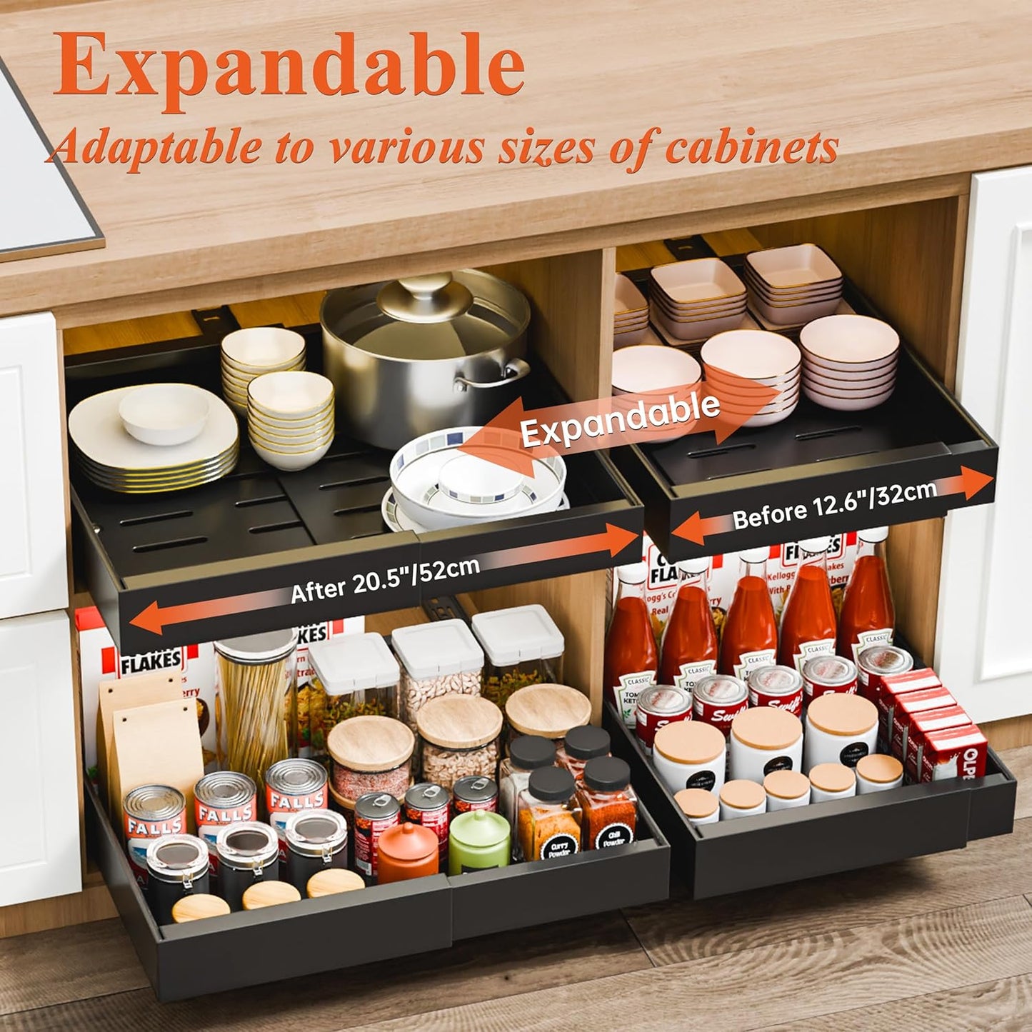 Expandable kitchen drawer organizer with various items inside, showing before and after dimensions.