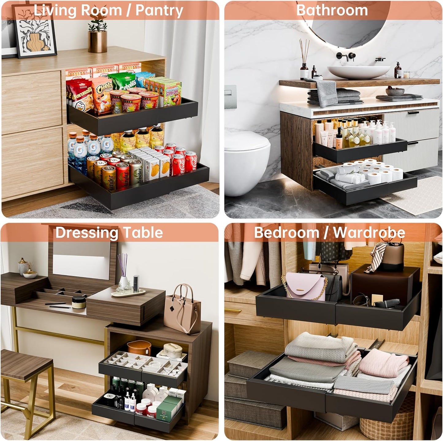 Collage of different rooms with drawers open, showing various items.
