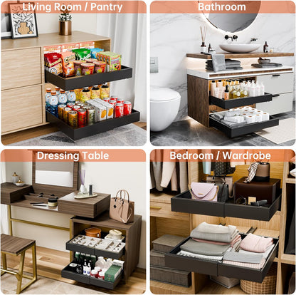 Collage of different rooms with drawers open, showing various items.