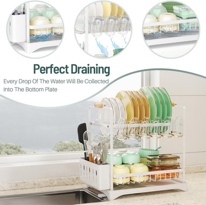 CARLA HOME 2-Tier Large Dish Drying Rack with Drainboard, Utensil Holder, Glass Hooks & Cutlery Storage (Black)