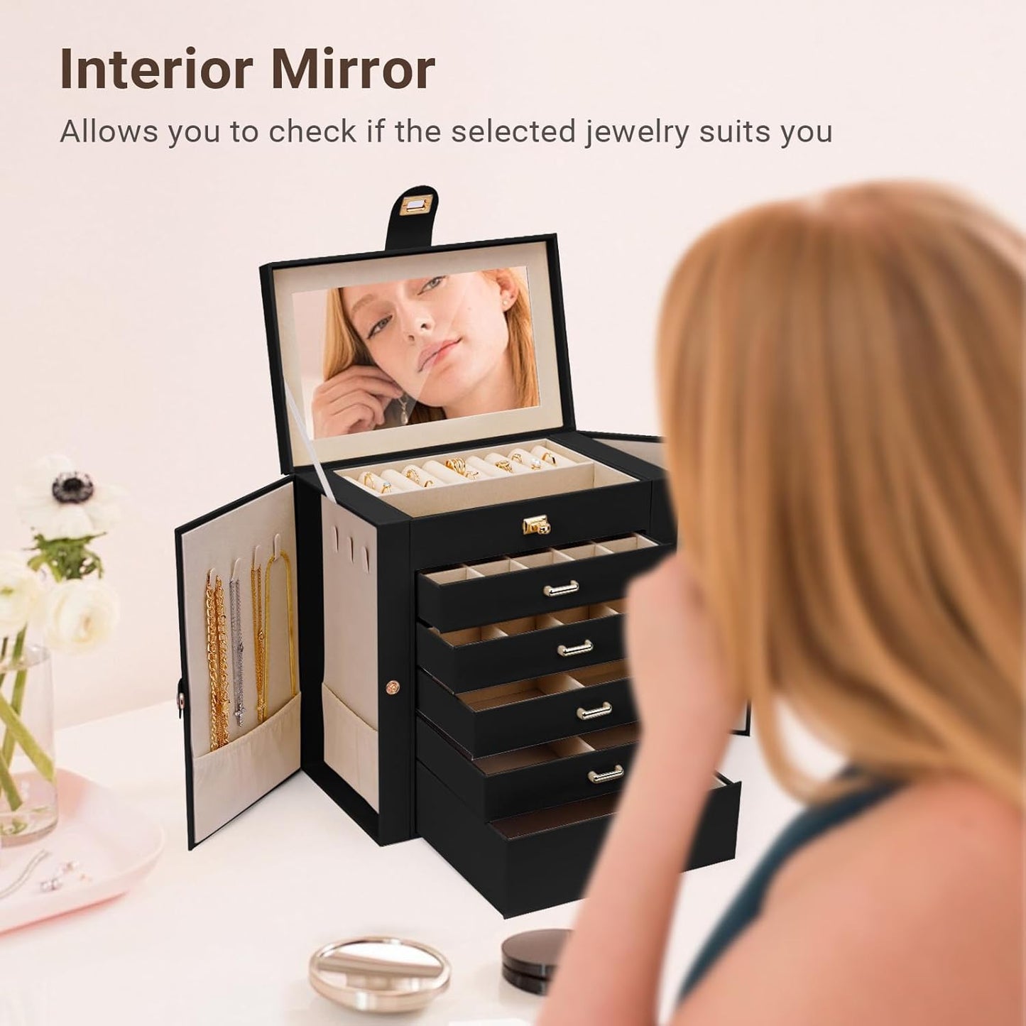 CARLA HOME 6-Layer Large Jewelry Box for Women withDrawers, Mirror, Lock, Necklace Hooks & Side Compartments for Rings, Earrings, Bracelets, Gifts (Black)