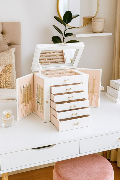 CARLA HOME 6-Layer Large Jewelry Box for Women withDrawers, Mirror, Lock, Necklace Hooks & Side Compartments for Rings, Earrings, Bracelets, Gifts (White)