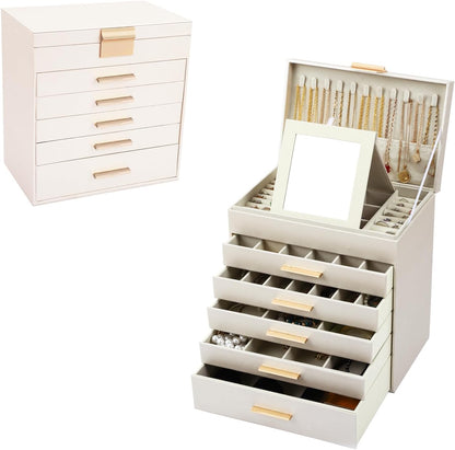 CARLA HOME  6-Layer Large Jewelry Organizer Box for Women with Mirror, Drawers, Hooks & Dividers for Rings, Necklaces, Bracelets, Ideal Gift for Women (White)
