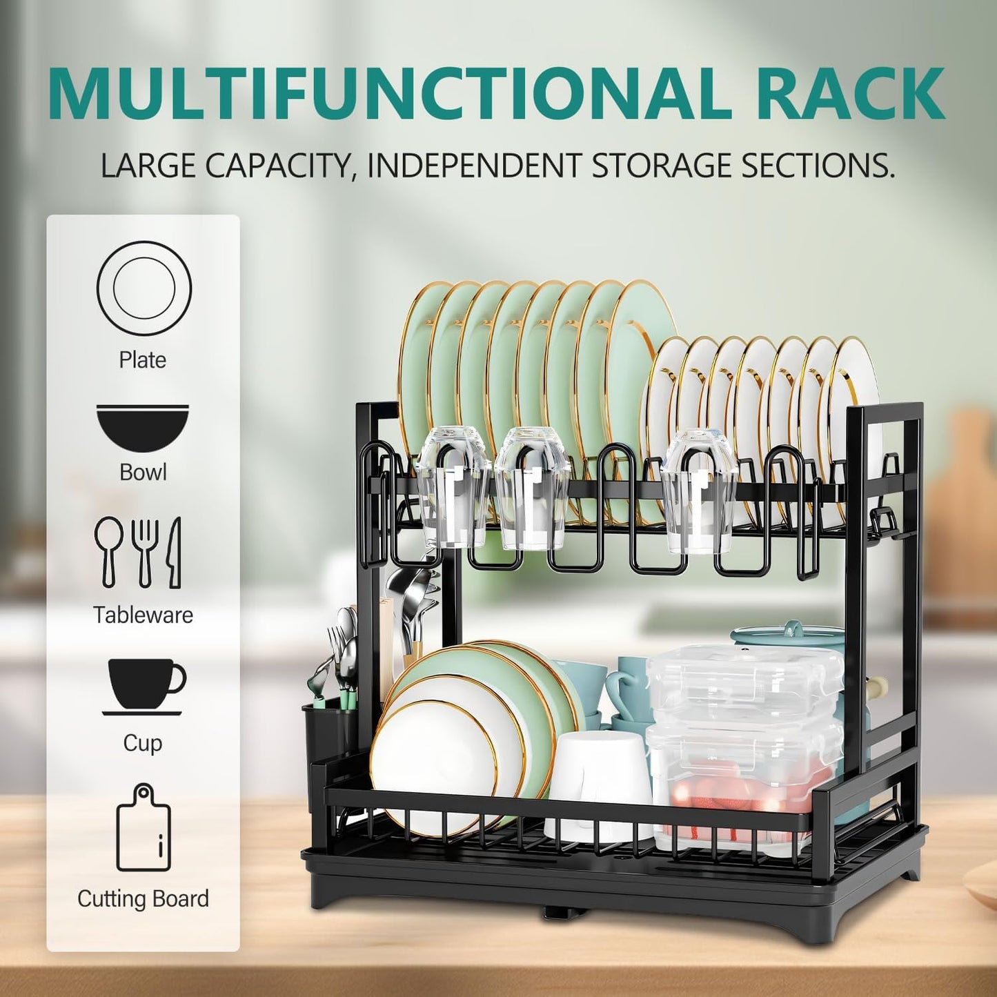 CARLA HOME Dish Drying Rack 2-Tier Kitchen Drainer with Drainboard