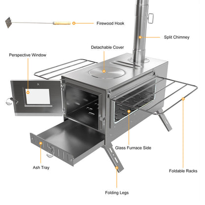 Stainless Steel Wood Burning Stove 1 Burner Camping BBQ with Chimney