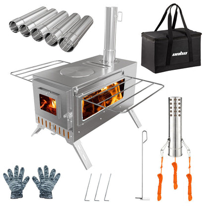 Stainless Steel Wood Burner Stove for Camping w/ Chimney & Bag