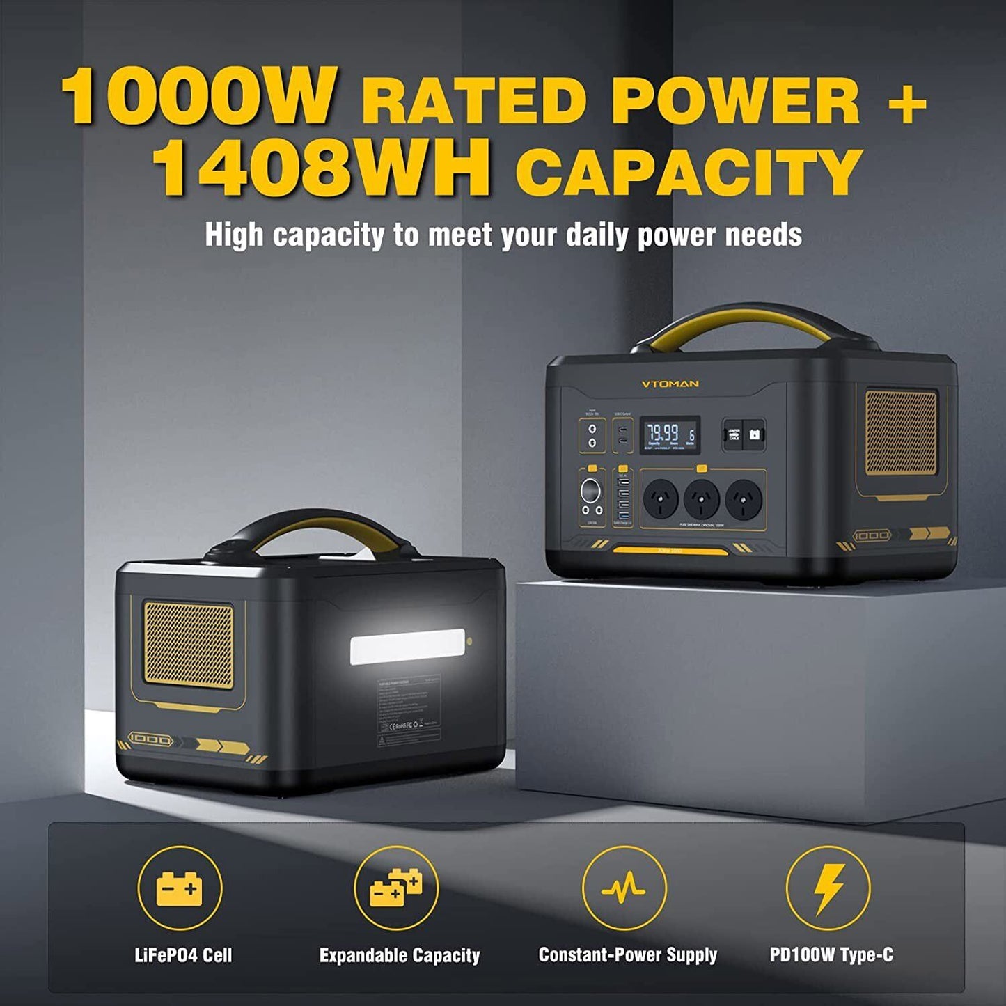 Two power stations with 1000W rated power and 1408WH capacity on a gray background.