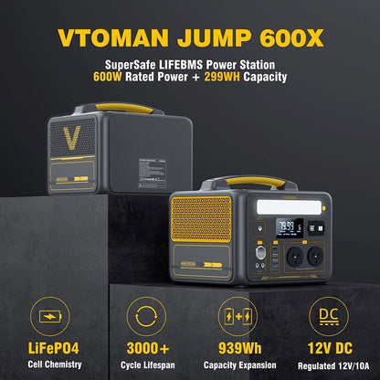 VTOMAN JUMP 600X power station with specifications on a dark background