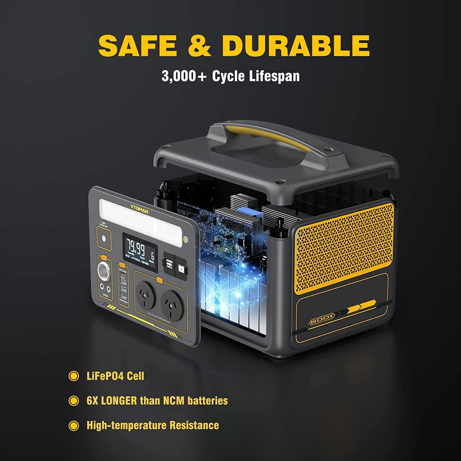 Portable power station with safety and durability features highlighted on a dark background