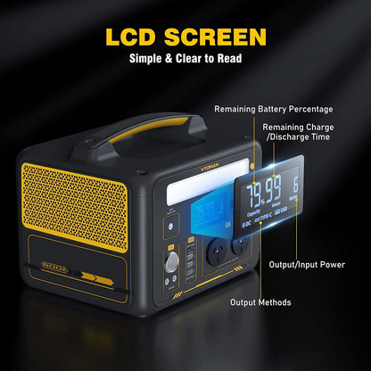Portable power station with LCD screen displaying battery information on a black background