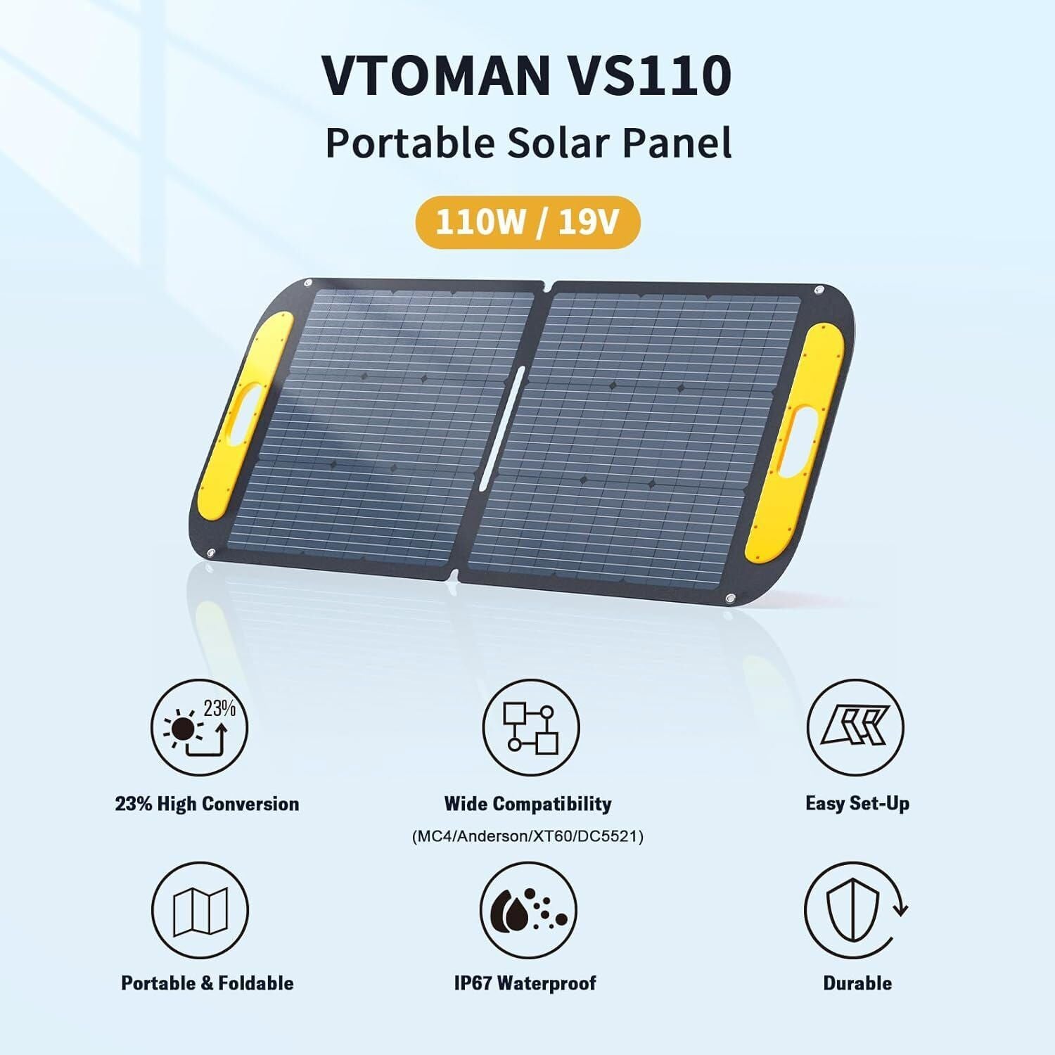 VTOMAN VS110 portable solar panel with features listed on a light blue background