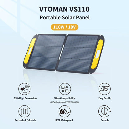 VTOMAN VS110 portable solar panel with features listed on a light blue background