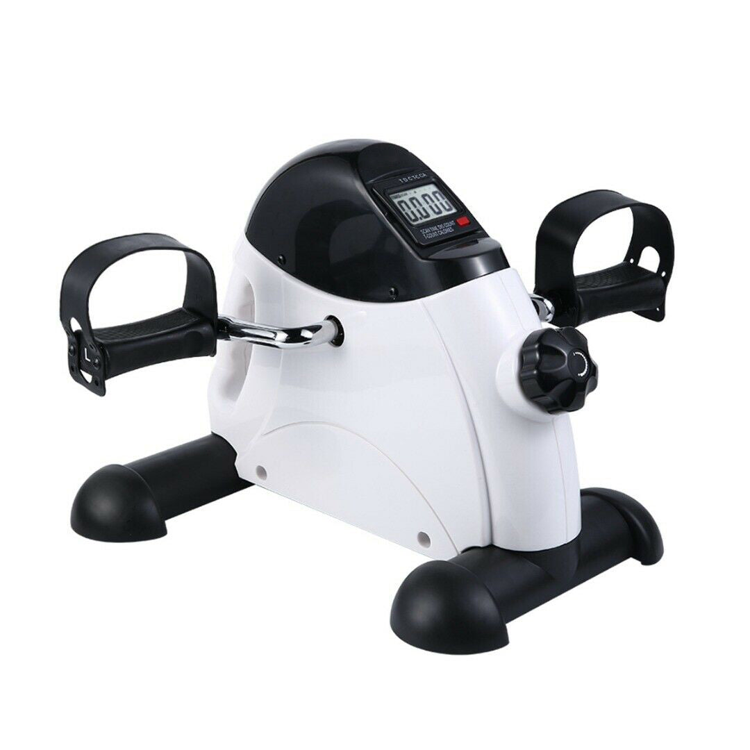 White and black exercise bike with digital display on a white background