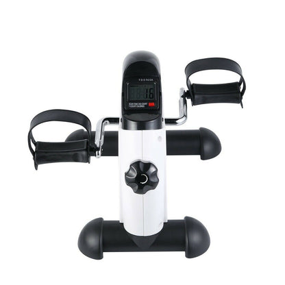 White and black exercise bike with digital display on a white background