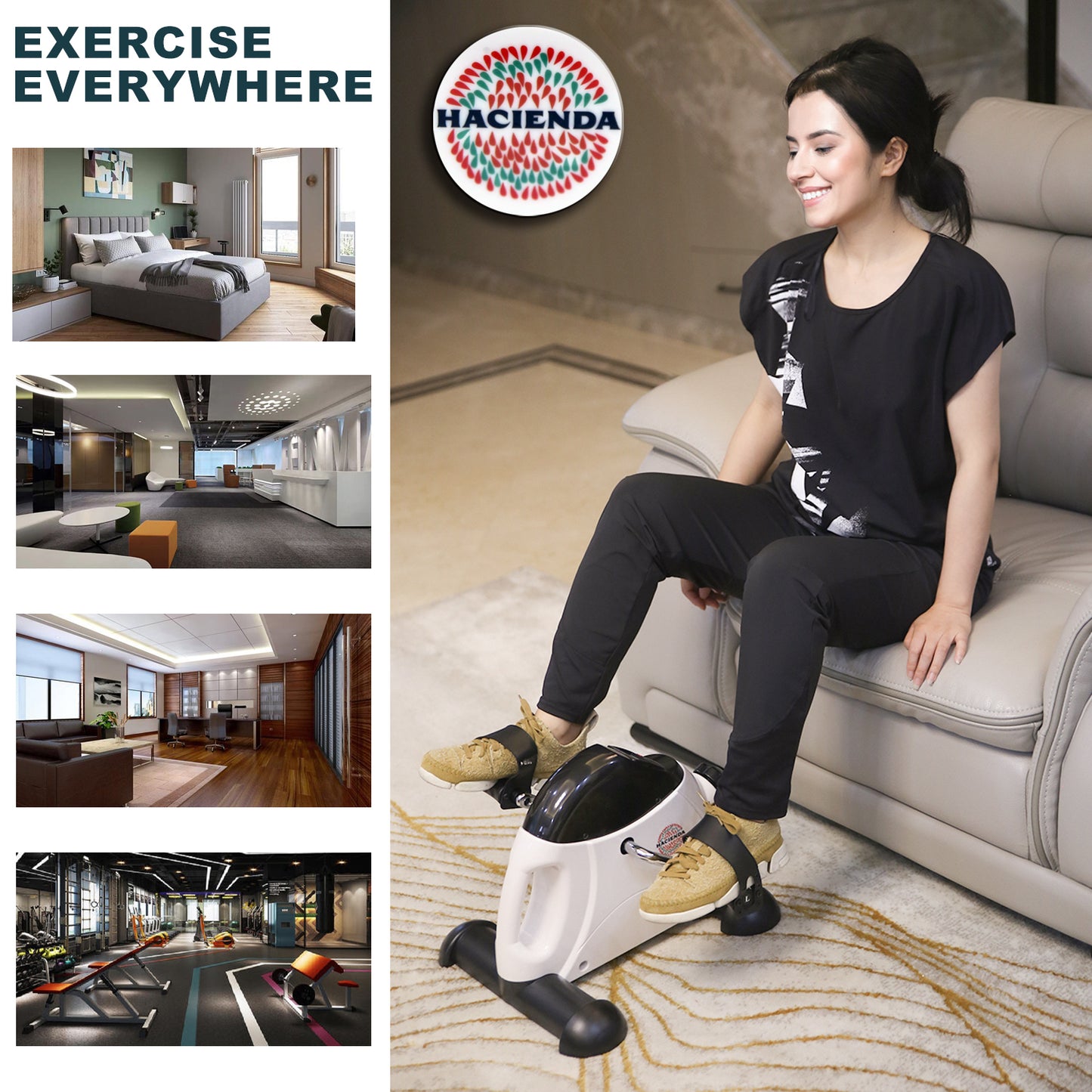 Woman using a mini exercise bike on a couch with 'Hacienda' branding.