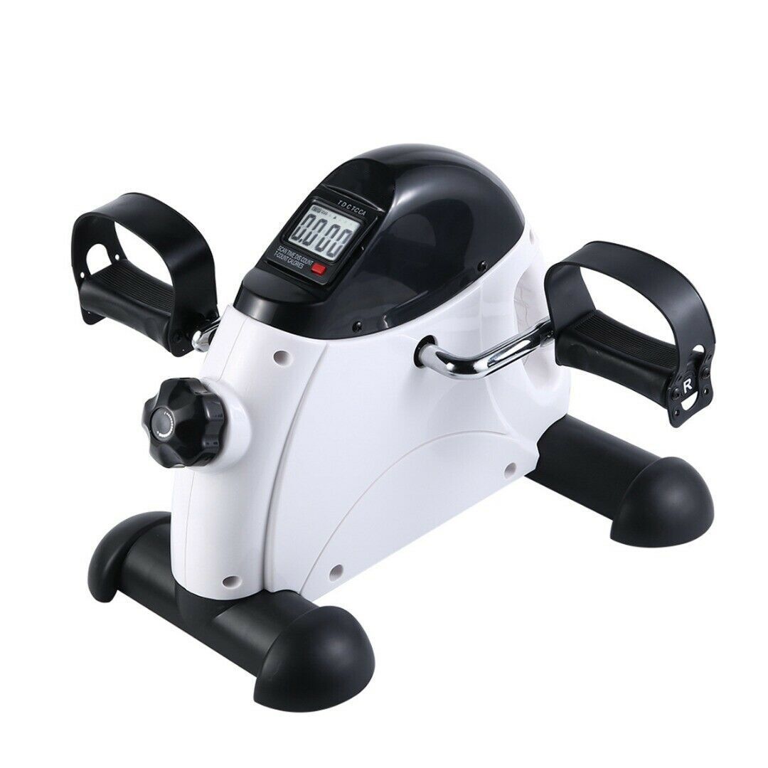 White and black exercise bike with digital display on a white background