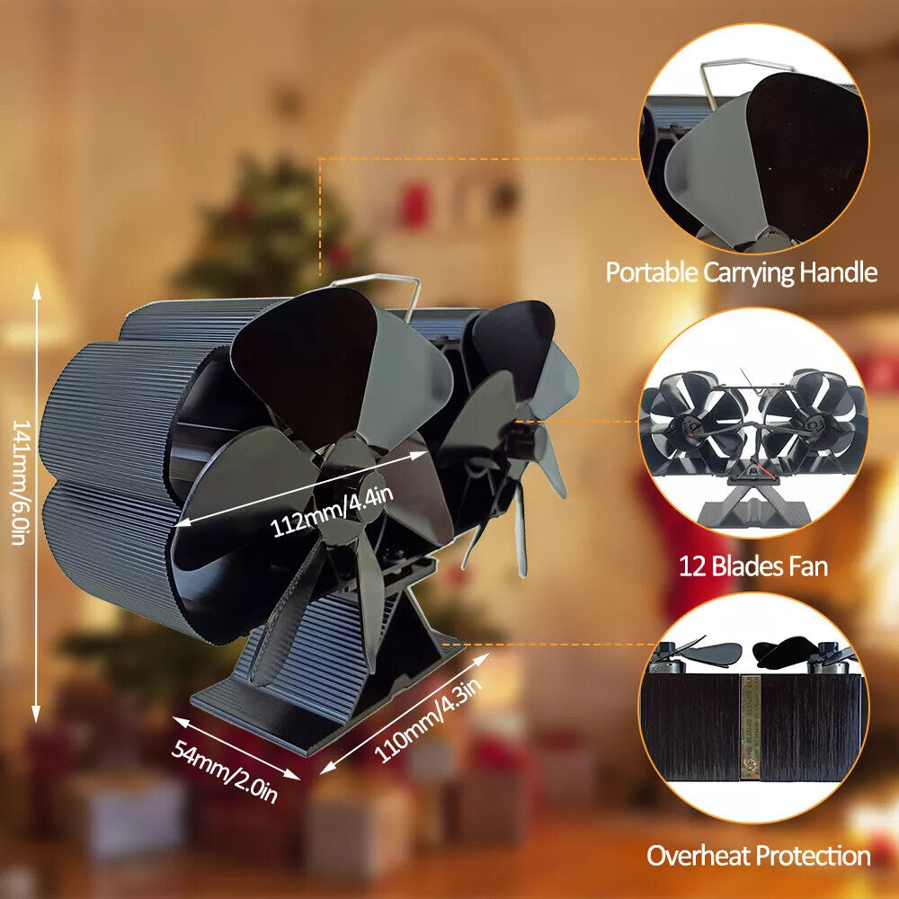 12 Blade Fan Heat Self - Powered Wood Stove Top Burner Fireplace Silent Eco Heater - Factory Direct Shop