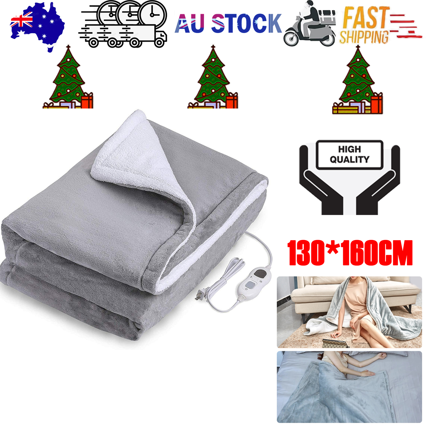 Double - side Flannel Heated Electric Throw Blanket Fast Heating Warm Washable gray - Factory Direct Shop