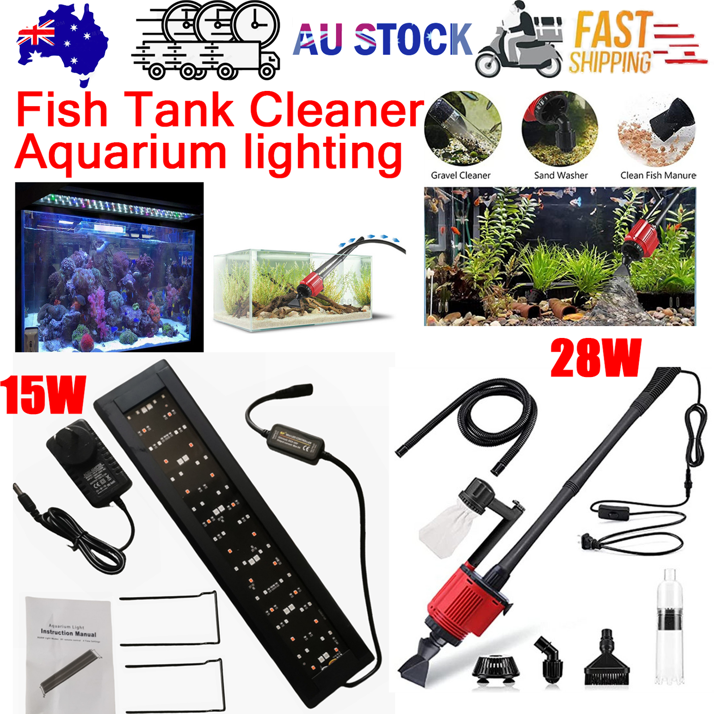 7 - in - 1 Aquarium Sand Washer Upgrade AU Plug / 15W 66LED RGBW Aluminum Shell Stand Light 40CM/28 - Button Control - Factory Direct Shop