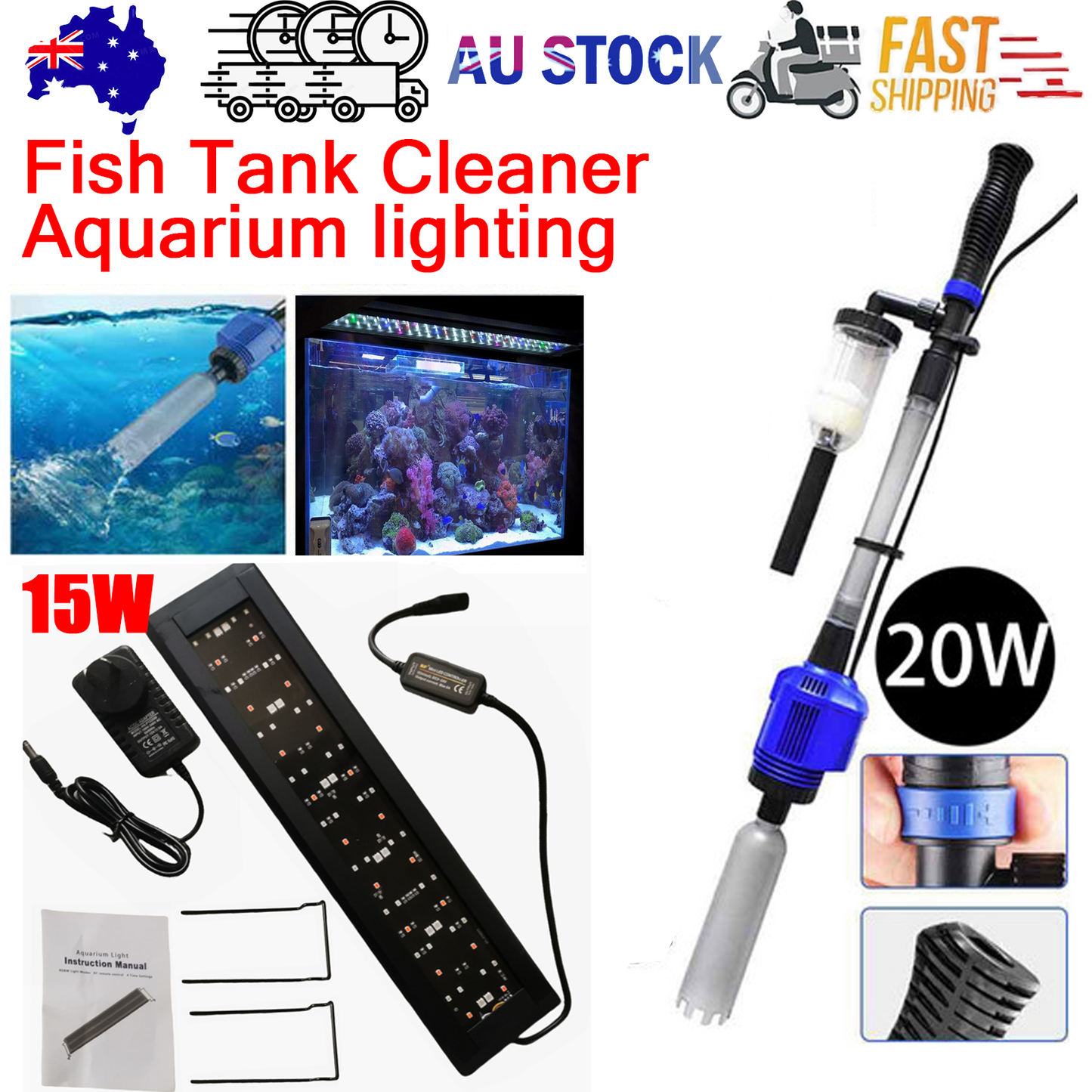 Aquarium cleaner 20W 1000L/H &15W/ 66LED RGBW aluminum shell bracket light 40CM/28 - button control - Factory Direct Shop
