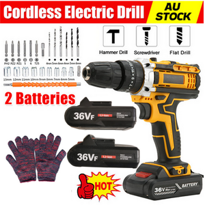 Cordless electric drill set in yellow and black with two batteries, drill bits, and protective gloves against a white background.