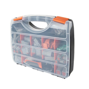 A clear plastic case with orange latches, containing various electrical connectors and a crimping tool.
