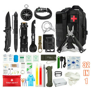 A collection of emergency and survival tools including a tactical knife, flashlight, compass, and other equipment laid out on a white background.