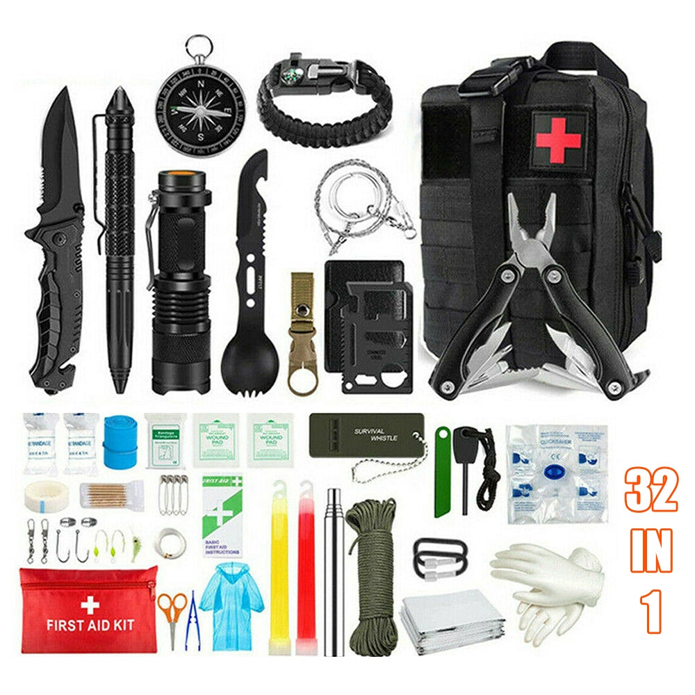 A collection of emergency and survival tools including a tactical knife, flashlight, compass, and other equipment laid out on a white background.
