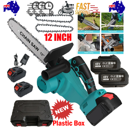 12-inch chain saw with batteries and charger on a white background