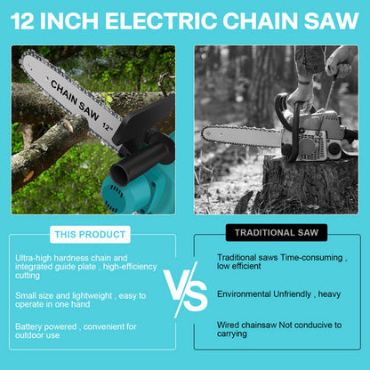 12 inch electric chain saw with comparison to traditional saw on a blue background