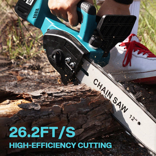 Person using a chainsaw to cut wood with text indicating high-efficiency cutting speed.