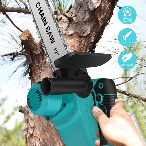Person using a chain saw to cut a tree branch with product features highlighted.