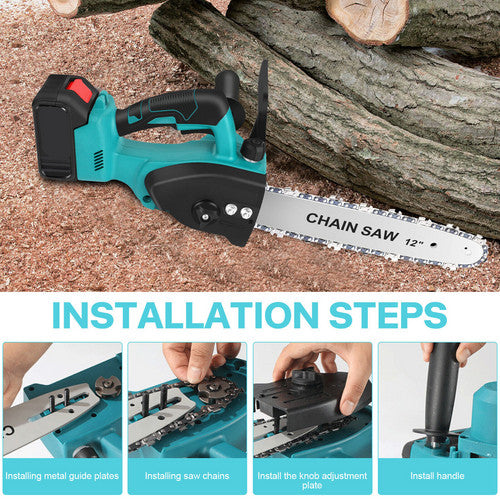 Turquoise chain saw with installation steps on a wooden background