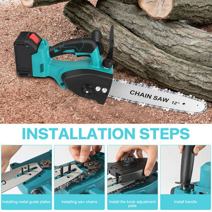 Turquoise chain saw with installation steps on a wooden background