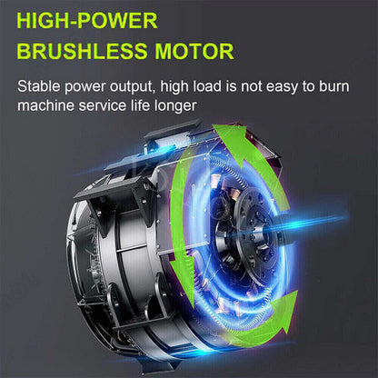 High-power brushless motor with glowing blue and green effects on a dark background
